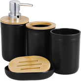 4pc Black Bamboo Bathroom Set – Cup, Holder, Dish, Bottle