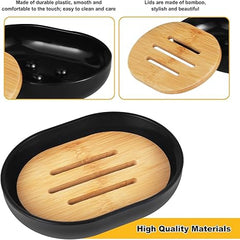 4pc Black Bamboo Bathroom Set – Cup, Holder, Dish, Bottle