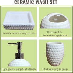 Ceramic Bathroom Set 4 Pieces | Soap Dispenser, Beaker, Dish, Holder