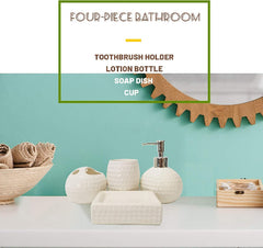 Ceramic Bathroom Set 4 Pieces | Soap Dispenser, Beaker, Dish, Holder