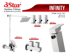 3Star sanitary fittings and bathroom accessories including a faucet, shower head, and multiple handles on a white background.