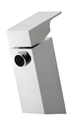 White sink mixer tap on a white background