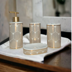 Luxury 4pc White & Gold Bath Set – Dispenser, Holder, Dish