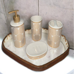 Luxury 4pc White & Gold Bath Set – Dispenser, Holder, Dish