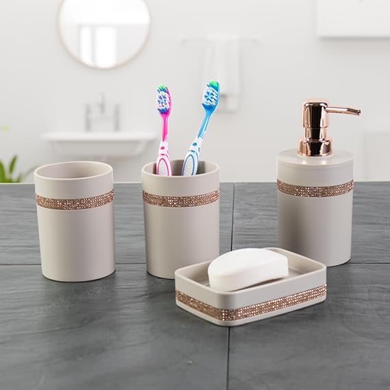 Bathroom Soap and Toothbrush Holder Set 4pc Bathroom Accessories sets Modern Vanity Organiser with Soap Dish Tumbler Cup & Soap Dispenser (Diamante Bath Set )