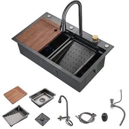Waterfall Kitchen Sink – Black Stainless Steel Undermount or Countertop Farmhouse Sink