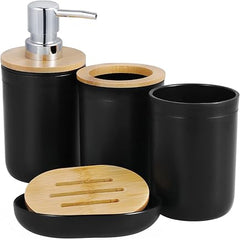 Bathroom Accessory Set, Bathroom Accessory Set, Toothbrush Cup, 4-Piece Bamboo Bathroom Accessory Set with Toothbrush Holder, Mouthwash Cup, Lotion Bottle and Soap Dish (Black)
