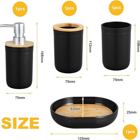 Bathroom Accessory Set, Bathroom Accessory Set, Toothbrush Cup, 4-Piece Bamboo Bathroom Accessory Set with Toothbrush Holder, Mouthwash Cup, Lotion Bottle and Soap Dish (Black)