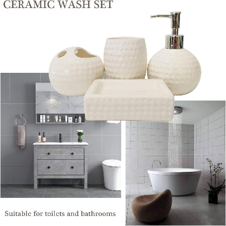 Ceramic Bathroom Set of 4 Pieces- Soap Dispenser, Beaker/Tumbler, Soap Dish, Brush Holder