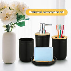 Bathroom Accessory Set, Bathroom Accessory Set, Toothbrush Cup, 4-Piece Bamboo Bathroom Accessory Set with Toothbrush Holder, Mouthwash Cup, Lotion Bottle and Soap Dish (Black)