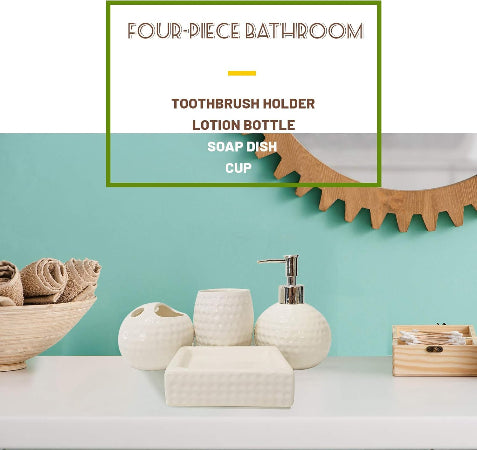 Ceramic Bathroom Set of 4 Pieces- Soap Dispenser, Beaker/Tumbler, Soap Dish, Brush Holder