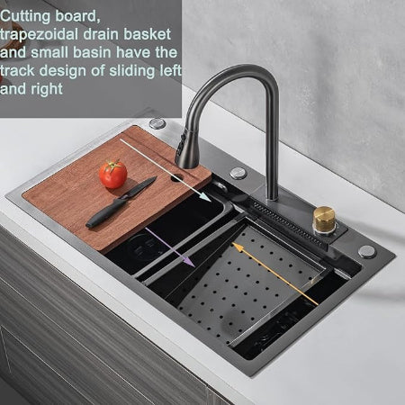Waterfall Kitchen Sink – Black Stainless Steel Undermount or Countertop Farmhouse Sink