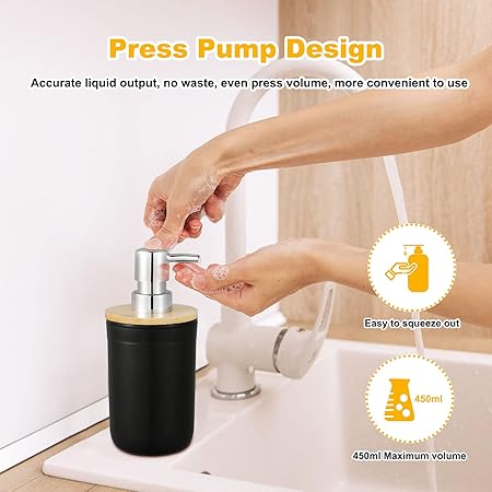 Bathroom Accessory Set, Bathroom Accessory Set, Toothbrush Cup, 4-Piece Bamboo Bathroom Accessory Set with Toothbrush Holder, Mouthwash Cup, Lotion Bottle and Soap Dish (Black)