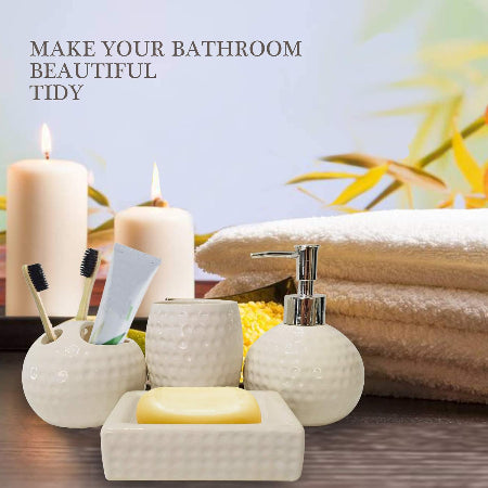 Ceramic Bathroom Set of 4 Pieces- Soap Dispenser, Beaker/Tumbler, Soap Dish, Brush Holder