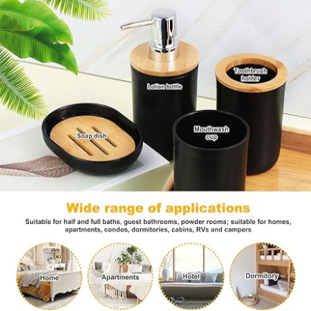 Bathroom Accessory Set, Bathroom Accessory Set, Toothbrush Cup, 4-Piece Bamboo Bathroom Accessory Set with Toothbrush Holder, Mouthwash Cup, Lotion Bottle and Soap Dish (Black)