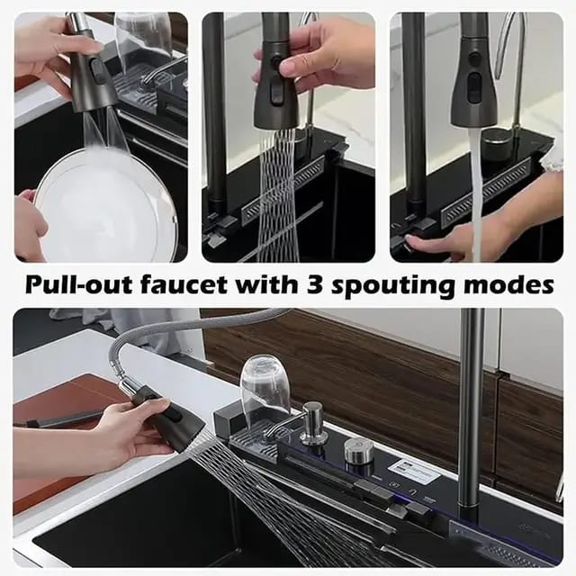 Black Stainless Steel Waterfall Sink – Undermount Kitchen