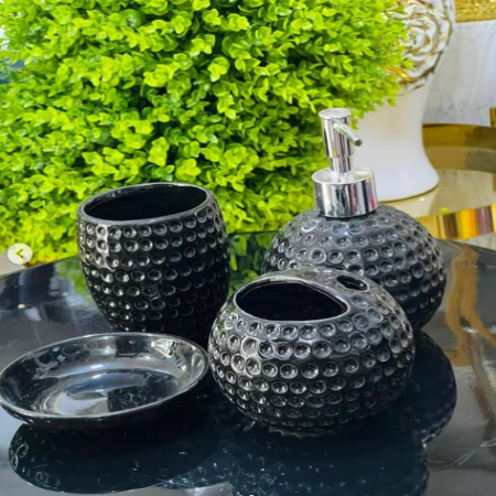 Ceramic Bathroom Set of 4 Pieces- Soap Dispenser, Beaker/Tumbler, Soap Dish, Brush Holder