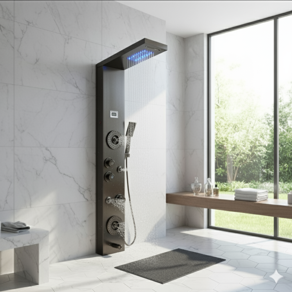 Brushed Nickel Shower Panel Tower with Rainfall & Jets