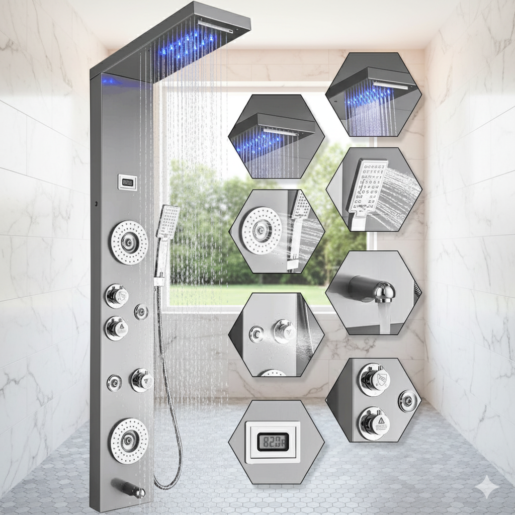 Brushed Nickel Shower Panel Tower with Rainfall & Jets